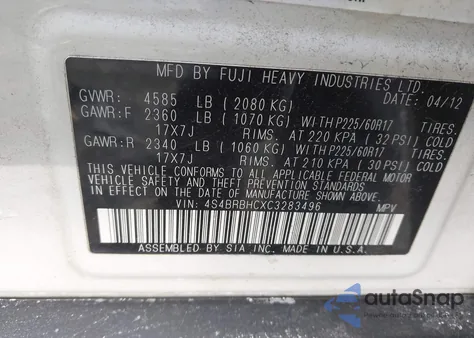 2012 Subaru Outback 2.5I Premium from USA, damaged, VIN 4S4BRBHCXC3283496